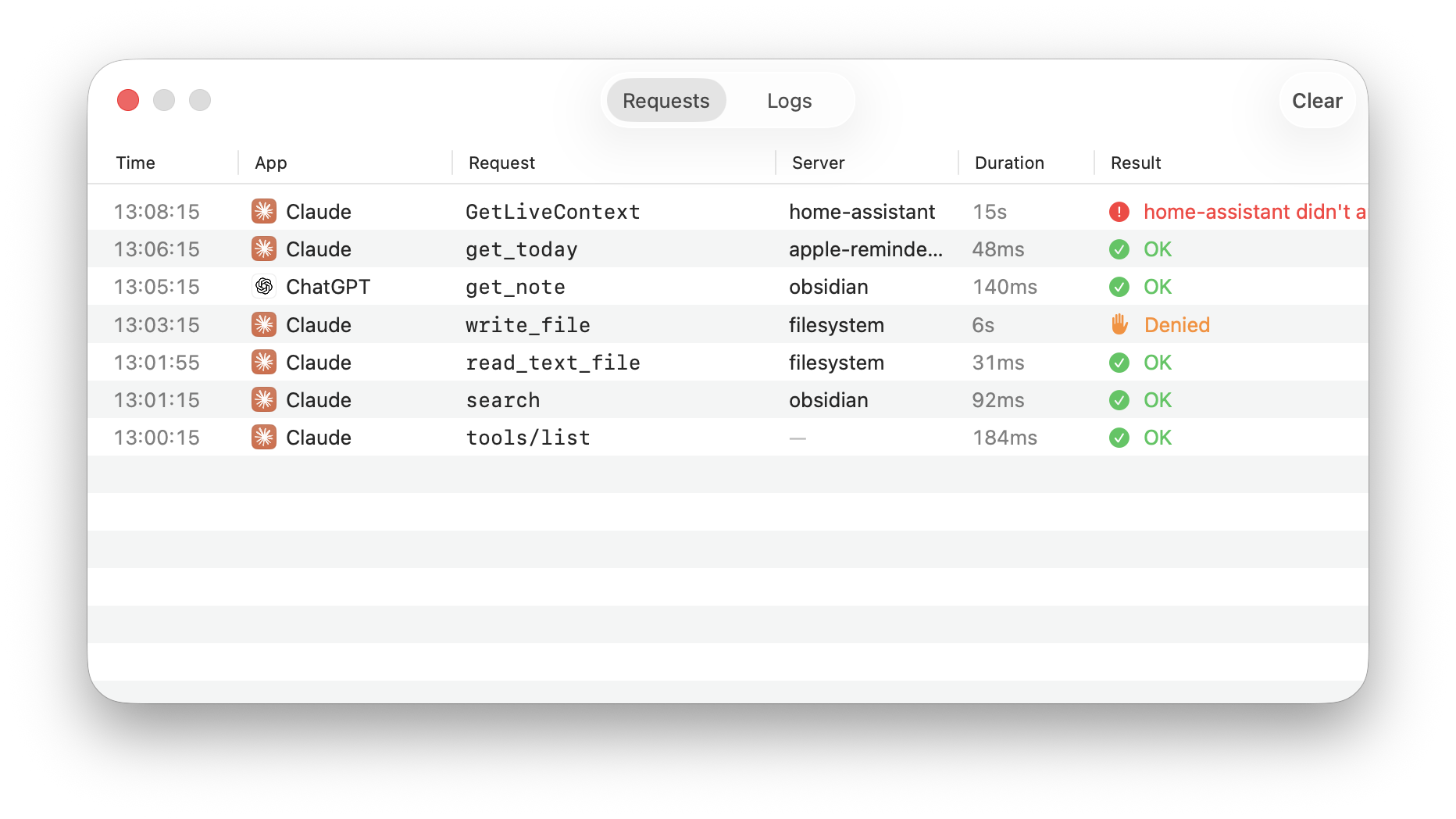 The activity list with app, tool, server, duration and result for each request.