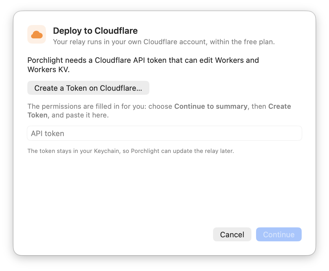 Porchlight asking for the Cloudflare API token.