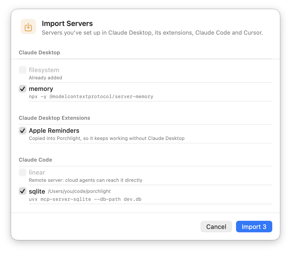 The import sheet listing servers found in Claude Desktop, Claude Code and Cursor.
