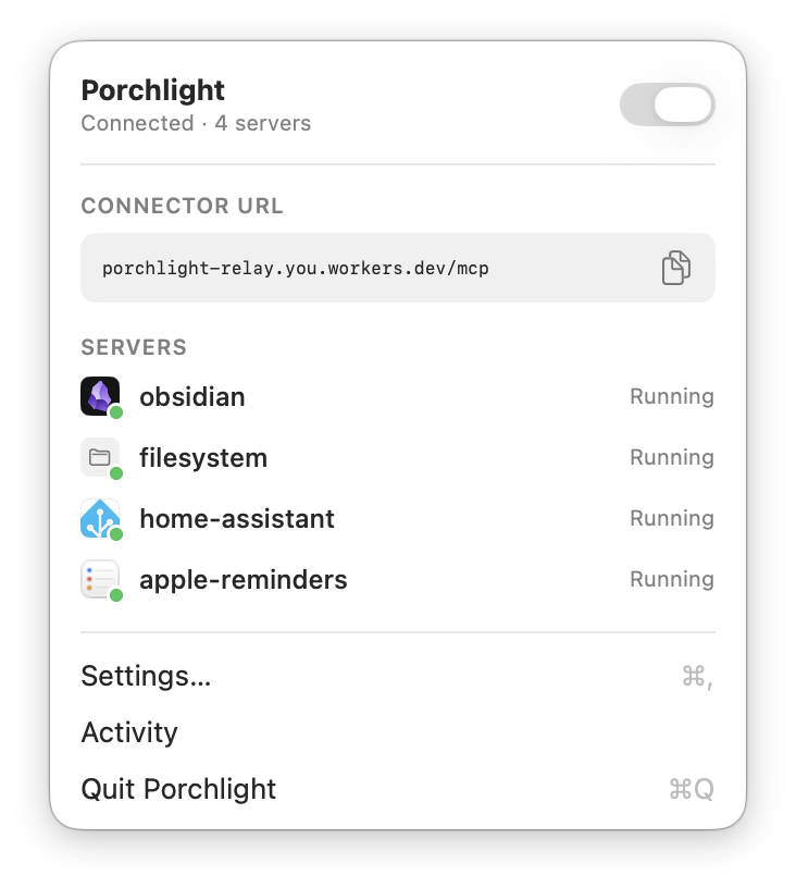 The Porchlight menu showing the connector URL and running servers.