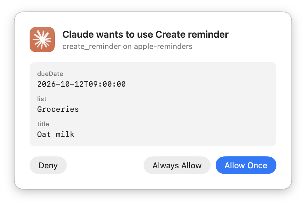 Porchlight asking whether Claude may use Write File, with the file path and contents, and Deny, Always Allow and Allow Once buttons.