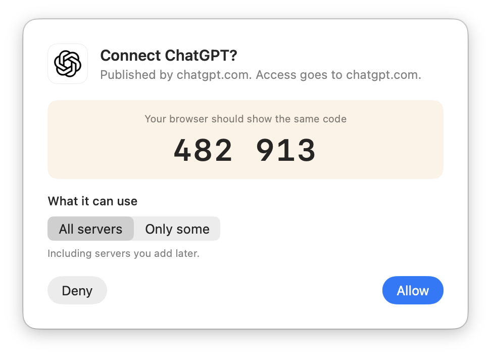 Porchlight asking: Connect ChatGPT? with the code 482 913 and Allow and Deny buttons.