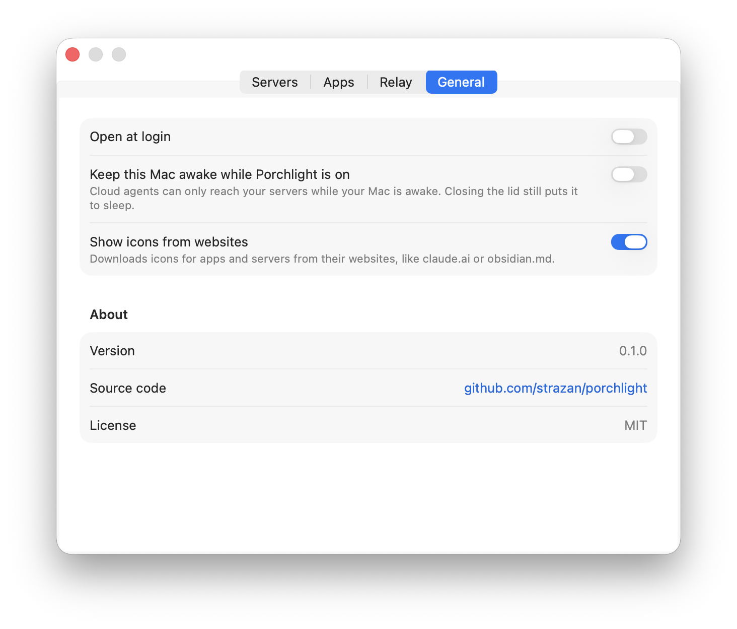 Porchlight Settings, General tab, with the option to prevent idle sleep.