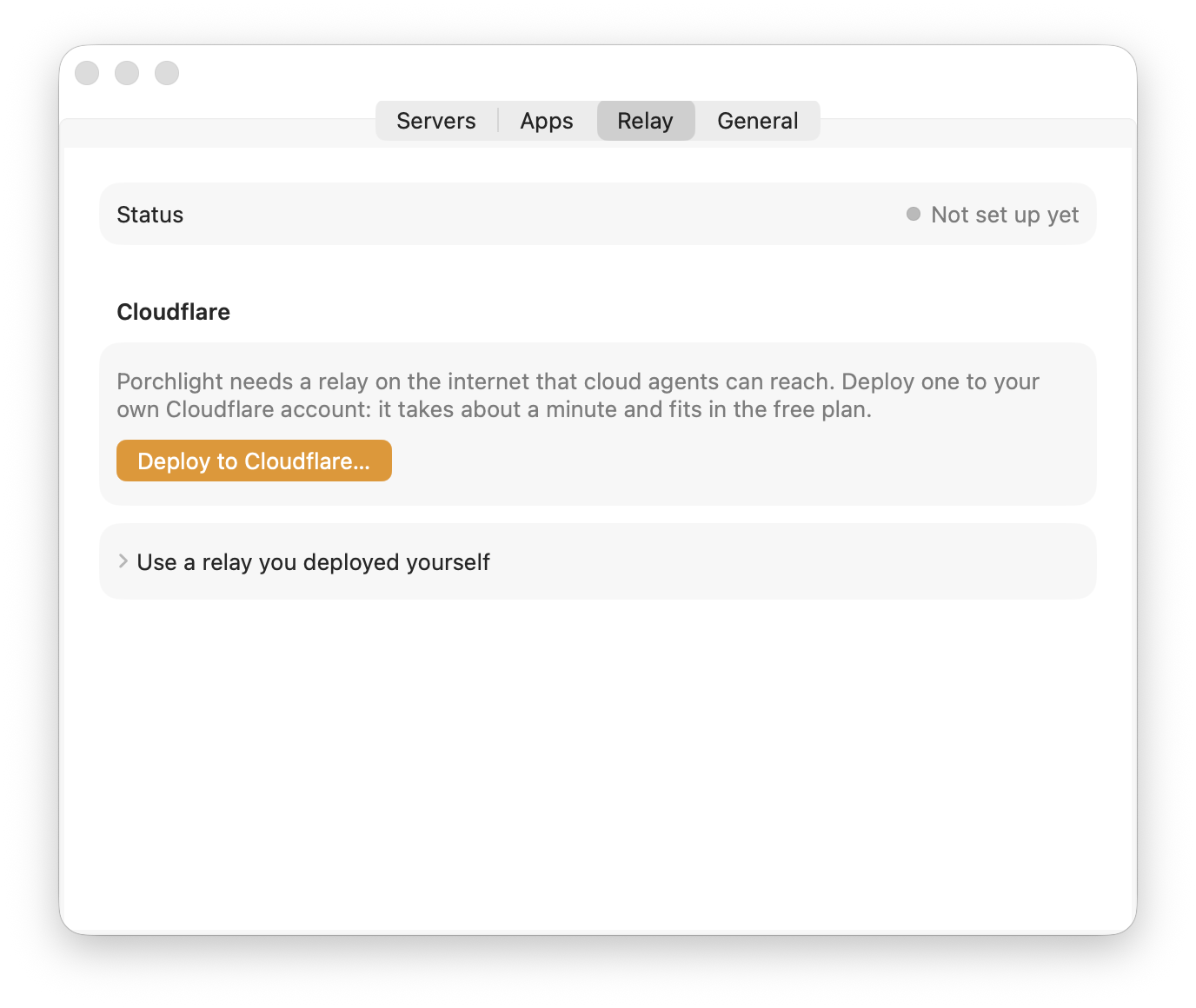Porchlight Settings, Relay tab, with a Deploy to Cloudflare button.