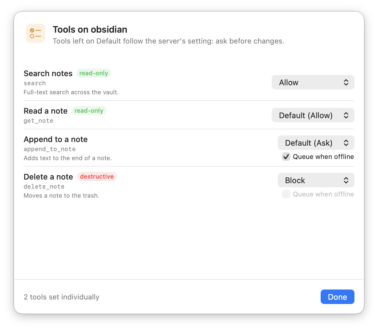 The tool list for a server with Allow, Ask and Block for each tool.